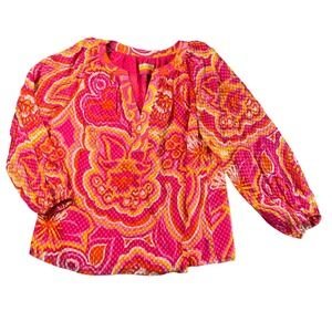 Trina Turk 25th Anniversary Pink Floral Blouse Top Long Sleeve Size L